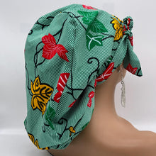 Load image into Gallery viewer, Ponytail SCRUB CAP off  green leaves cotton fabric surgical scrub hat nursing caps, satin lining option for long hair