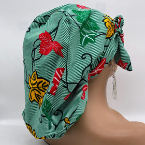 Ponytail SCRUB CAP off  green leaves cotton fabric surgical scrub hat nursing caps, satin lining option for long hair