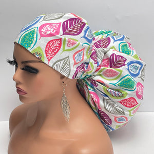 2XL JUMBO PONY SCRUB Cap, colorful leaves Cotton fabric surgical nursing hat satin lining option for Extra long/thick Hair/Locs