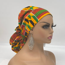 Load image into Gallery viewer, Ponytail Ankara PONY SCRUB CAP, Kente cotton fabric surgical scrub hat pony nursing caps and satin lining option for locs /Long Hair