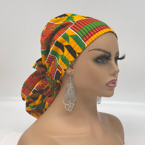 Ponytail Ankara PONY SCRUB CAP, Kente cotton fabric surgical scrub hat pony nursing caps and satin lining option for locs /Long Hair