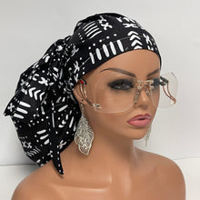 Load image into Gallery viewer, 2XL JUMBO PONY SCRUB Cap, Black/White cotton fabric surgical nursing hat satin lining option for Extra long/thick Hair/Locs