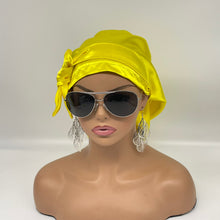 Load image into Gallery viewer, Ponytail Yellow Satin SCRUB HAT CAP, nursing caps,  Pony hat for long hair, locs, braids