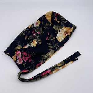 Niceroy MEN unisex pixie surgical SCRUB HAT Cap, black floral nursing caps, tie back cap, satin lining option cotton print