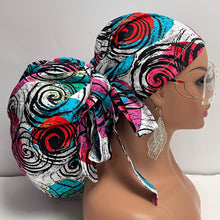 Load image into Gallery viewer, 2XL JUMBO PONY SCRUB Cap, turquoise blue Pink cotton fabric surgical nursing hat satin lining option for locs Braids Extra long/thick Hair