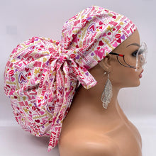 Load image into Gallery viewer, 2XL JUMBO PONY SCRUB Cap white pink red  Valentine cotton fabric surgical nursing hat satin lining option for Extra long/thick Hair/Loc