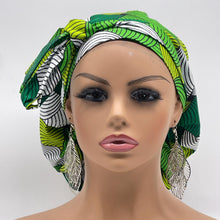 Load image into Gallery viewer, Ankara PONY SCRUB CAP, green and white cotton fabric surgical scrub hat nursing caps and satin lining option for locs /Long