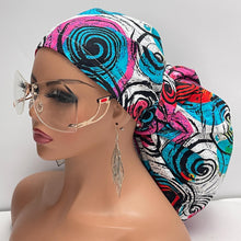 Load image into Gallery viewer, 2XL JUMBO PONY SCRUB Cap, turquoise blue Pink cotton fabric surgical nursing hat satin lining option for locs Braids Extra long/thick Hair