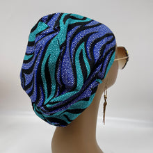 Load image into Gallery viewer, Niceroy Satin Lined Satin Lined surgical SCRUB HAT CAP,  Ankara Europe style nursing cap blue  teal black African print fabric and .