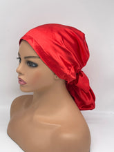 Load image into Gallery viewer, Ponytail PONY SCRUB CAP, red satin fabric surgical scrub hat pony nursing caps and satin lining option for locs /Long Hair