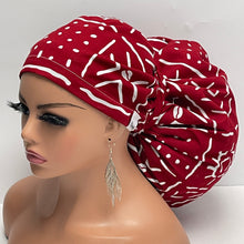 Load image into Gallery viewer, 2XL JUMBO PONY SCRUB Cap, Red and White Tribal cotton fabric surgical nursing hat for Extra long/thick Hair/Locs