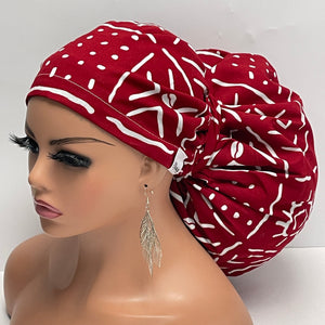 2XL JUMBO PONY SCRUB Cap, Red and White Tribal cotton fabric surgical nursing hat for Extra long/thick Hair/Locs