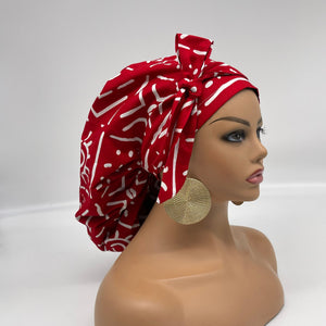 Ponytail PONY SCRUB CAP, Red and White Ankara cotton fabric surgical scrub hat pony nursing caps, satin lining option for locs/Long Hair