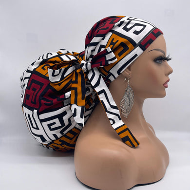 2XL JUMBO PONY Scrub Cap, brown cream white surgical nursing hat and satin lining option for Extra long/thick Hair/Locs