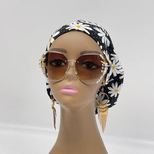 Adjustable surgical OR SCRUB CAP, Black, White and yellow cotton fabric Daisy Europe style Summer nursing caps  and satin lining option.