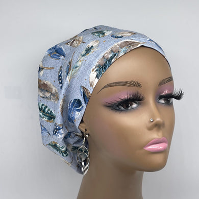 Niceroy Satin Lined surgical SCRUB HAT CAP, Europe style nursing caps made with blue feathers Cotton fabric and  bonnet chemo hat