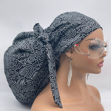 Load image into Gallery viewer, 2XL JUMBO PONY SCRUB Cap, Black Gray cotton fabric surgical nursing hat satin lining option for Extra long/thick Hair/Locs