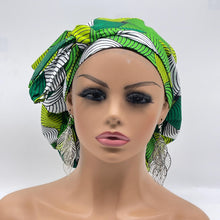 Load image into Gallery viewer, Ankara PONY SCRUB CAP, green and white cotton fabric surgical scrub hat nursing caps and satin lining option for locs /Long