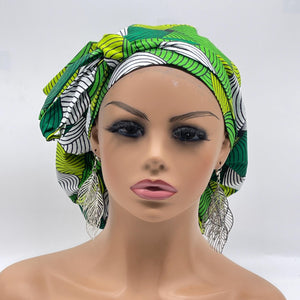 Ankara PONY SCRUB CAP, green and white cotton fabric surgical scrub hat nursing caps and satin lining option for locs /Long