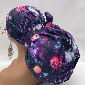 2XL JUMBO PONY SCRUB Cap, purple solar system fabric surgical nursing hat satin lining option for Extra long/thick Hair/Loc