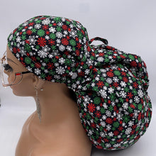 Load image into Gallery viewer, Christmas 2XL JUMBO PONY surgical nursing hat black red green white satin lining option for Extra long/thick Hair Locs and braids