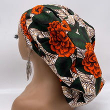 Load image into Gallery viewer, Ponytail SCRUB CAP off orange green floral cotton fabric surgical scrub hat nursing caps, satin lining option for long hair