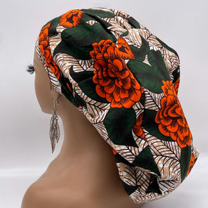 Ponytail SCRUB CAP off orange green floral cotton fabric surgical scrub hat nursing caps, satin lining option for long hair