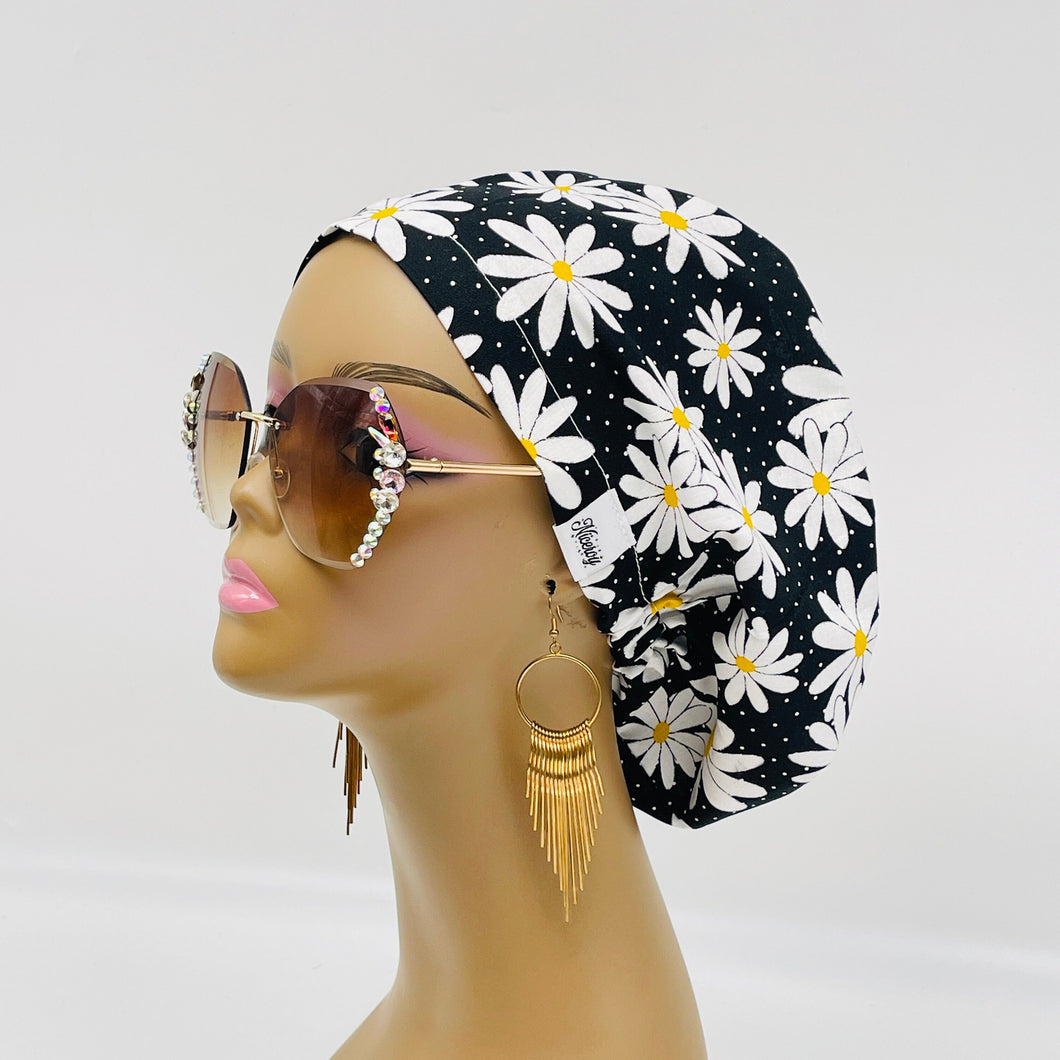 Adjustable surgical OR SCRUB CAP, Black, White and yellow cotton fabric Daisy Europe style Summer nursing caps  and satin lining option.