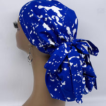 Load image into Gallery viewer, Ponytail hat PONY SCRUB CAP, royal blue white surgical scrub hat pony nursing caps and satin lining option for locs, braid, long hair