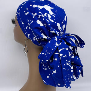 Ponytail hat PONY SCRUB CAP, royal blue white surgical scrub hat pony nursing caps and satin lining option for locs, braid, long hair