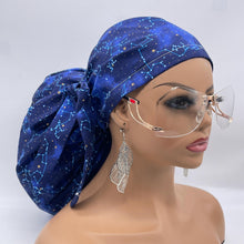 Load image into Gallery viewer, 2XL JUMBO PONY SCRUB Cap Navy Blue cotton fabric surgical nursing hat satin lining option for Extra long/thick Hair/Locs