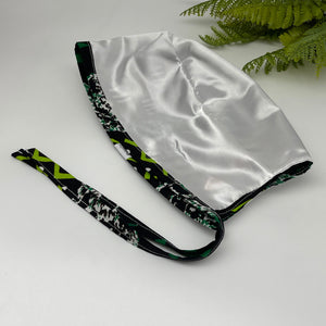Niceroy MEN unisex pixie surgical SCRUB HAT Cap, nursing caps, tie back cap, satin lining option green cotton print