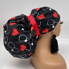 Load image into Gallery viewer, 2XL JUMBO PONY Scrub Cap, EKG  cotton fabric surgical nursing hat and satin lining option for Extra long/thick Hair/Locs