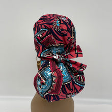 Load image into Gallery viewer, Ponytail Ankara PONY SCRUB CAP, blue, pink black Ankara cotton fabric surgical scrub hat, pony nursing caps for locs, braid, long hair