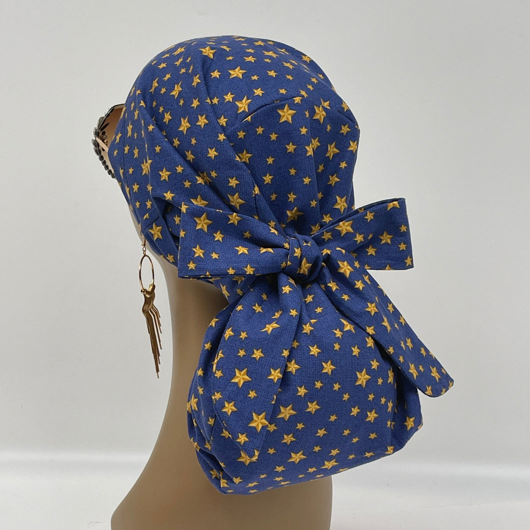 Ponytail Ankara PONY SCRUB CAP, Navy blue Gold stars cotton fabric surgical scrub hat, pony nursing caps for locs, braid, long hair