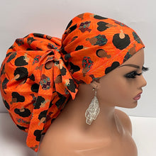 Load image into Gallery viewer, 2XL JUMBO PONY SCRUB Cap, earth orange black women fabric surgical nursing hat satin lining option for Extra long/thick Hair/Locs