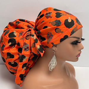 2XL JUMBO PONY SCRUB Cap, earth orange black women fabric surgical nursing hat satin lining option for Extra long/thick Hair/Locs