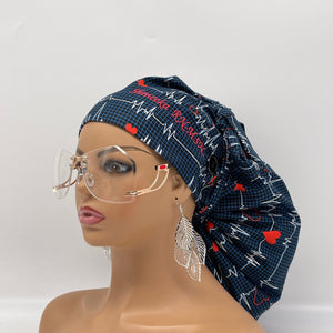 2XL JUMBO PONY Scrub Cap, EKG  cotton fabric surgical nursing hat and satin lining option for Extra long/thick Hair/Locs