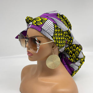 Ponytail PONY SCRUB CAP, purple and yellow Ankara cotton fabric surgical scrub hat nursing caps, satin lining option for locs/Long Hair