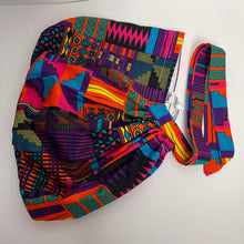 Load image into Gallery viewer, 2XL JUMBO PONY SCRUB Cap,pink, purple Kente cotton fabric surgical nursing hat satin lining option for Extra long/thick Hair/Locs
