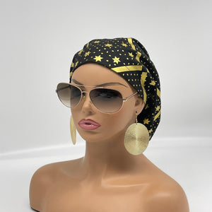 Niceroy surgical SCRUB HAT CAP, Europe style nursing caps black cotton,gold metallic stars fabric,satin lining option