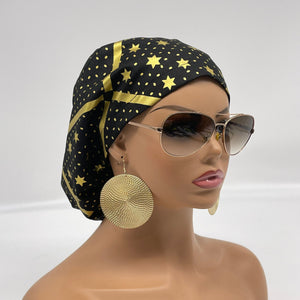 Niceroy surgical SCRUB HAT CAP, Europe style nursing caps black cotton,gold metallic stars fabric,satin lining option