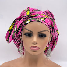 Load image into Gallery viewer, Ponytail PONY SCRUB CAP, pink and yellow Ankara cotton fabric surgical scrub hat nursing caps, satin lining option for locs /Long Hair