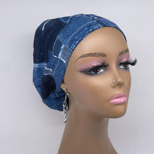 Load image into Gallery viewer, Niceroy Satin Lined SCRUB HAT CAP, soft cotton jeans print fabric Europe Euro style nursing caps, healthcare hats protective hair covers, nurse gift.