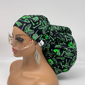 2XL JUMBO PONY SCRUB Cap, Black/Green glow in the dark cotton fabric surgical nursing hat satin for Extra long/thick Hair/Locs