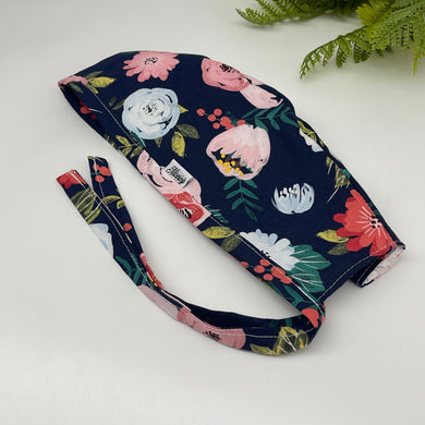 Niceroy Reversible MEN unisex pixie surgical SCRUB HAT Cap, nursing caps, tie back cap, satin lining option navy blue floral cotton print