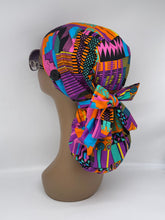 Load image into Gallery viewer, Ponytail Ankara PONY SCRUB CAP, Kente cotton fabric surgical scrub hat pony nursing caps and satin lining option for locs /Long Hair