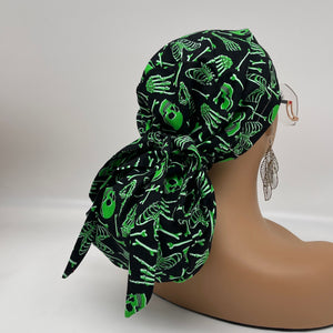 Ponytail PONY SCRUB CAP,  green skeleton glow in the dark cotton Halloween fabric surgical scrub hat, satin lining option for Long Hair