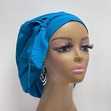 Load image into Gallery viewer, Ponytail SCRUB CAP Caribbean Sea blue cotton fabric surgical scrub hat nursing caps, satin lining option for long hair