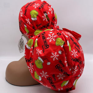 Christmas 2XL JUMBO PONY SCRUB Cap,  Grinch grinchmas cotton fabric surgical nursing hat satin lining option for Extra long/thick Hair/Locs